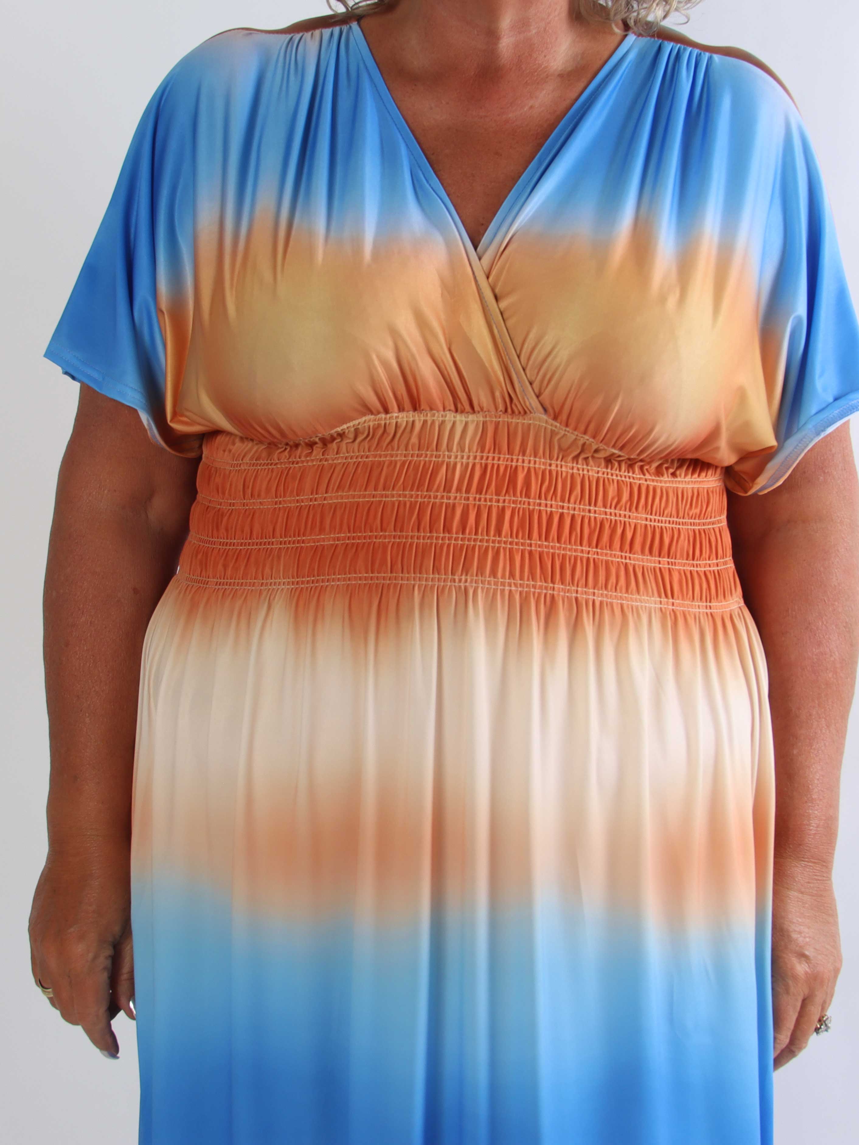 Pams Batik - Elastisk plus size flerfarvet kjole med smock i livet
